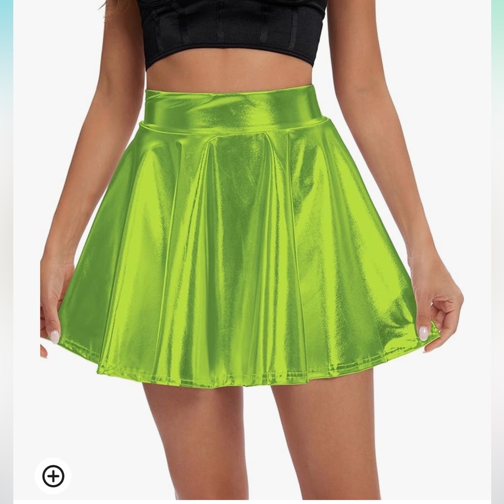 Metallic Green Flare Pleated Mini Skater Skirt. Size Small - Picture 1 of 8